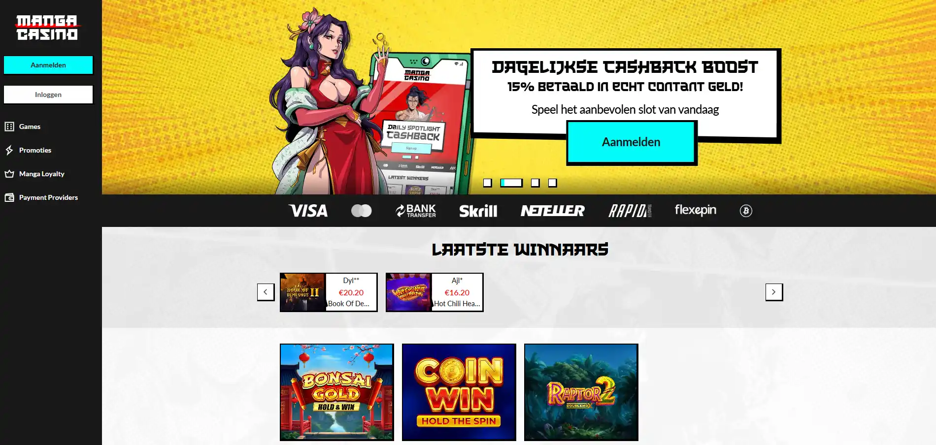 Beeldpositie voor de echte Manga Casino-interface of lobby