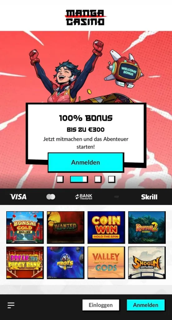 Manga Casino weergegeven in een mobiele browser