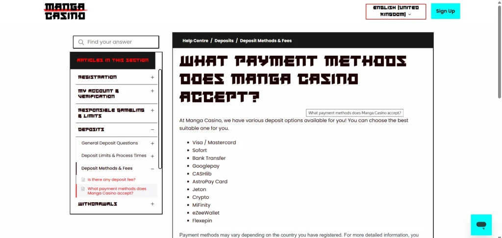 Officiële Manga Casino Help Centre-pagina met de lijst van geaccepteerde betaalmethoden