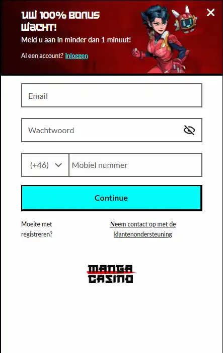 Werkelijke Manga Casino registratie- of accountinterface