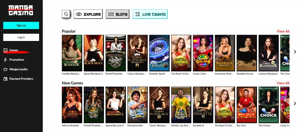 Werkelijke Manga Casino spellobby met categorieën en providers